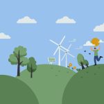 Ilustración de colinas verdes con molinos de viento, panel solar y una persona celebrando al aire libre, representando las energías limpias y el desarrollo sostenible.