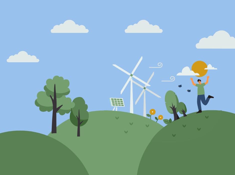 Ilustración de colinas verdes con molinos de viento, panel solar y una persona celebrando al aire libre, representando las energías limpias y el desarrollo sostenible.