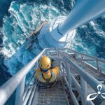 Técnico con equipo de seguridad realiza mantenimiento en un aerogenerador offshore sobre el mar.