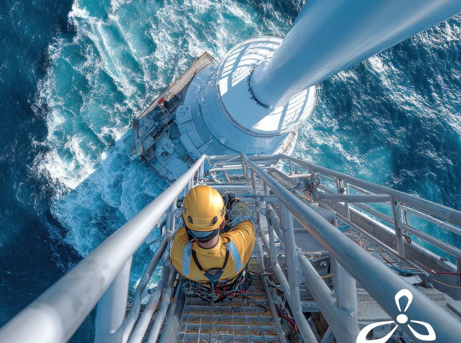 Técnico con equipo de seguridad realiza mantenimiento en un aerogenerador offshore sobre el mar.