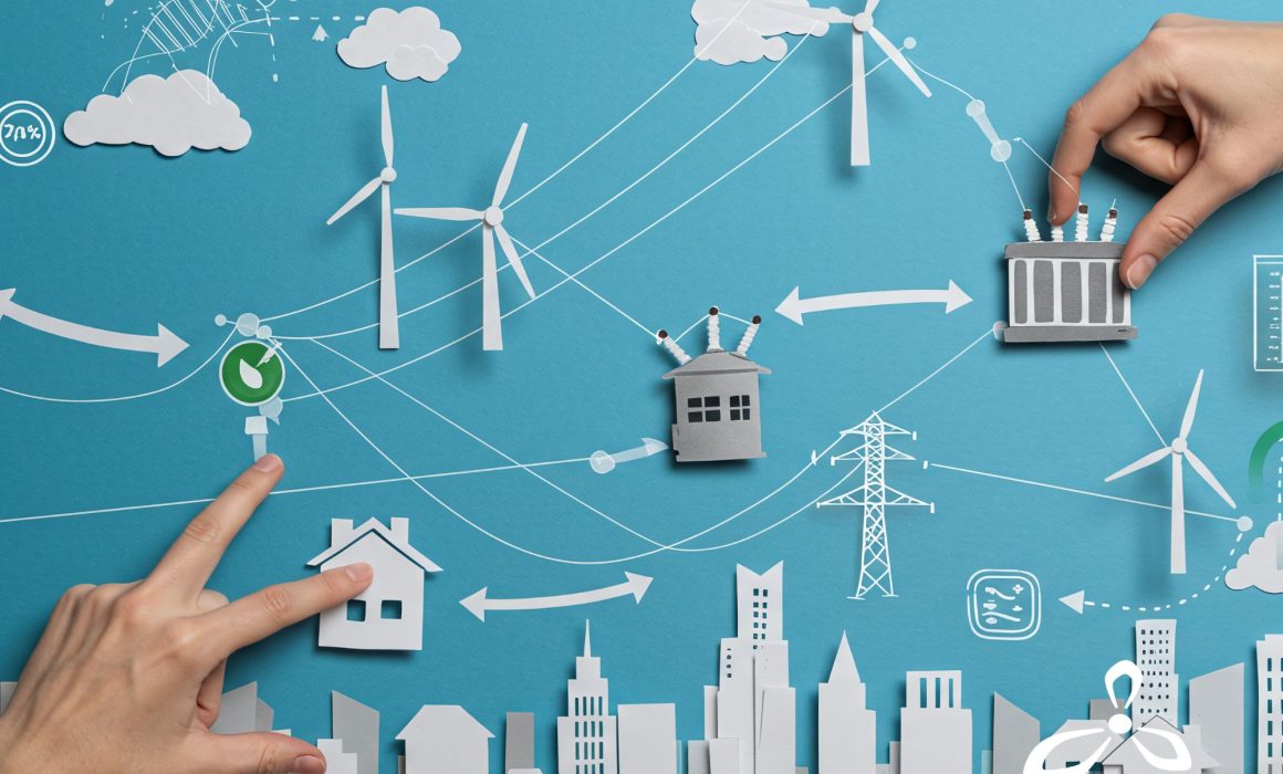 Ilustración conceptual de un sistema de energía renovable con aerogeneradores, red eléctrica y ciudad, representando la conexión entre tecnología, sostenibilidad y transición energética.