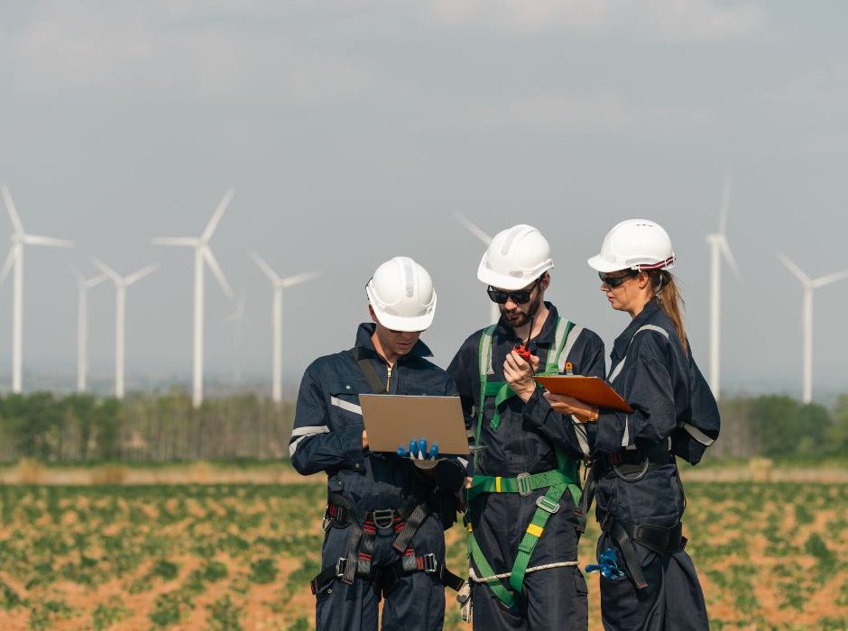 Equipo técnico realizando mantenimiento predictivo en parque eólico