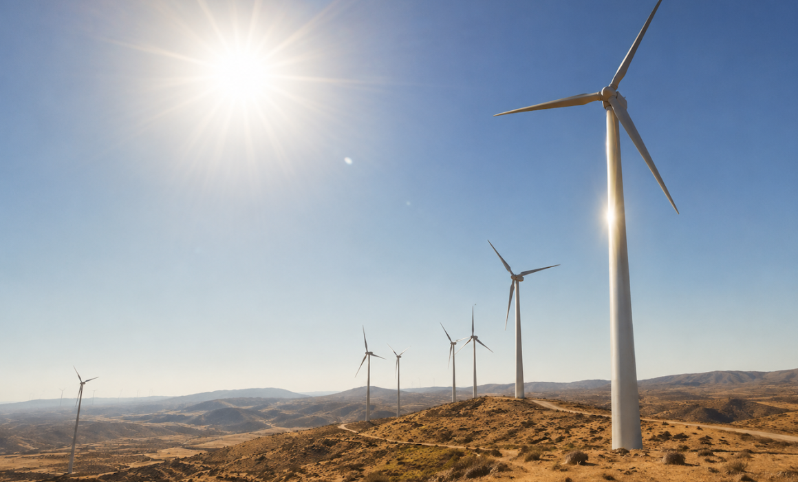 Aerogeneradores en un parque eólico español bajo altas temperaturas y fuerte radiación solar en verano
