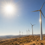 Aerogeneradores en un parque eólico español bajo altas temperaturas y fuerte radiación solar en verano