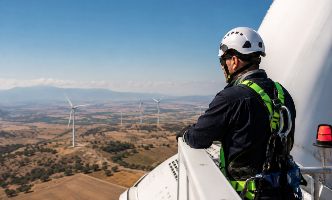 Técnico de mantenimiento eólico realizando supervisión operativa de aerogeneradores en un parque eólico en España