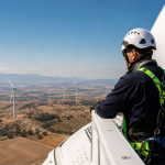 Técnico de mantenimiento eólico realizando supervisión operativa de aerogeneradores en un parque eólico en España