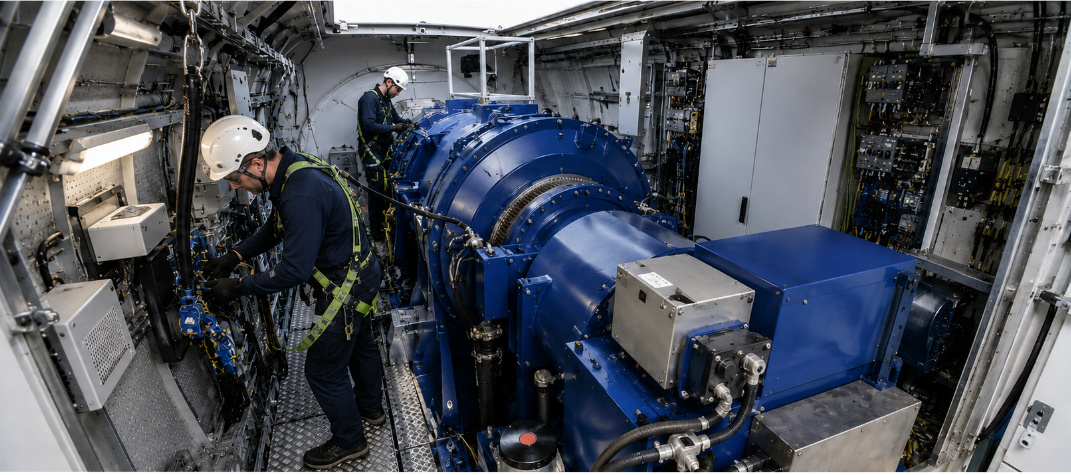 Técnicos realizando tareas de mantenimiento en el interior de la nacelle de un aerogenerador.