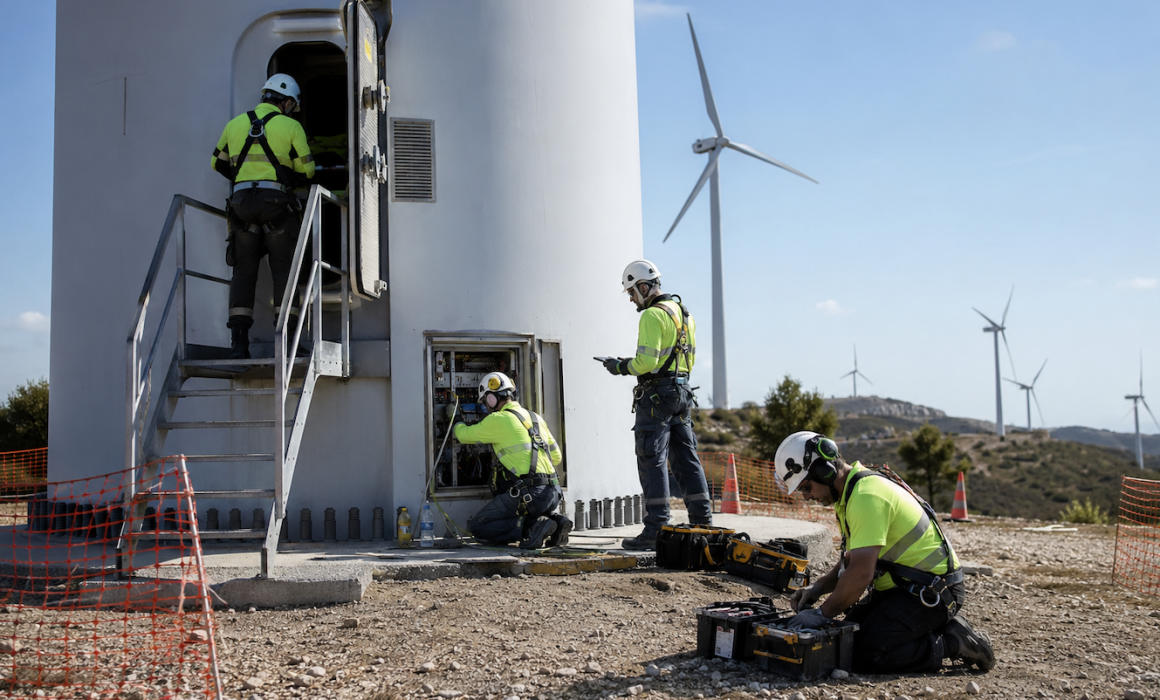 Técnicos realizando una parada programada de mantenimiento en un aerogenerador para mejorar la disponibilidad del parque eólico