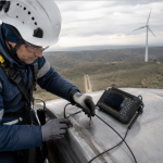 Técnico realizando un ensayo no destructivo por ultrasonidos en una unión soldada de un aerogenerador