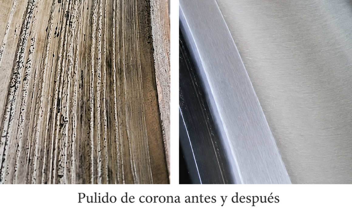 Pulido de corona de giro de aerogenerador antes y después de la reparación