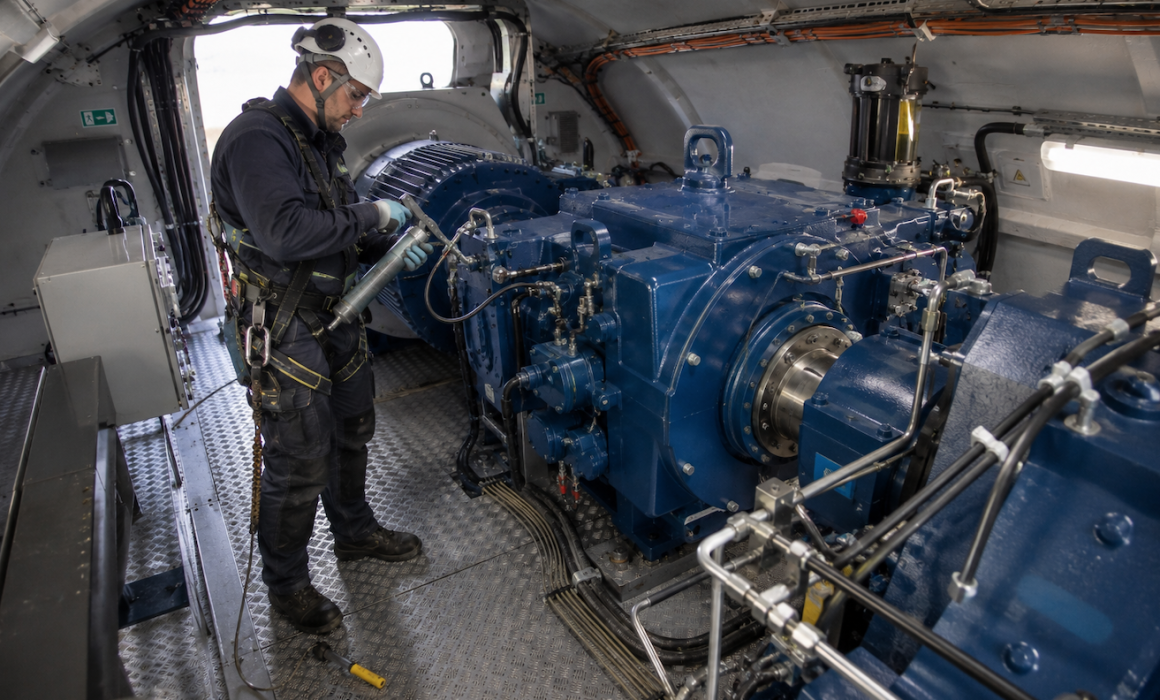 Técnico especializado realizando la lubricación de rodamientos en el interior de la nacelle de un aerogenerador durante una operación de mantenimiento eólico