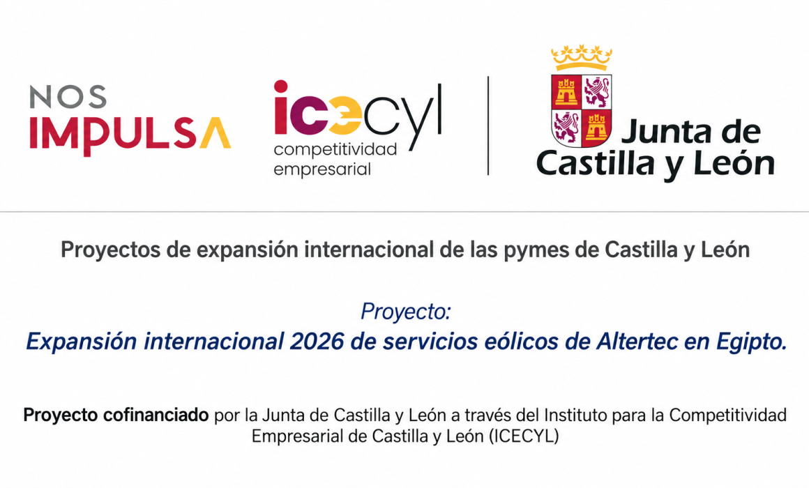 Cartel del proyecto Expansión internacional 2026 de servicios eólicos de Altertec en Egipto, cofinanciado por la Junta de Castilla y León a través de ICECYL.