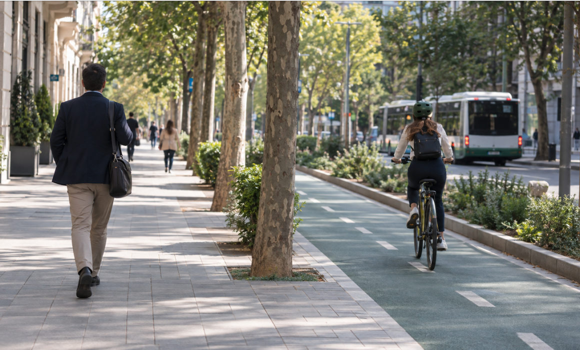 Una persona camina y otra circula en bicicleta por una calle arbolada con carril bici y transporte público.