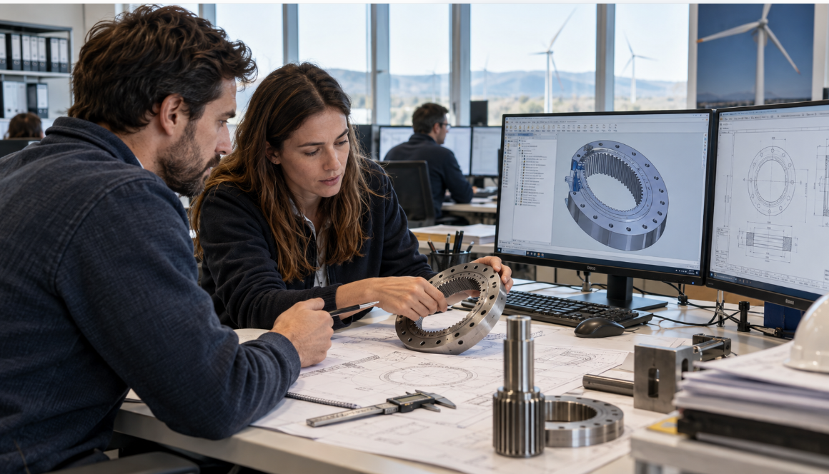 Profesionales de ingeniería analizando un componente eólico y un modelo CAD en la Oficina Técnica de Altertec