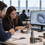 Profesionales de ingeniería analizando un componente eólico y un modelo CAD en la Oficina Técnica de Altertec